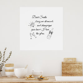 Dear Santa Champagne & Diamonds Line Art Design Poster