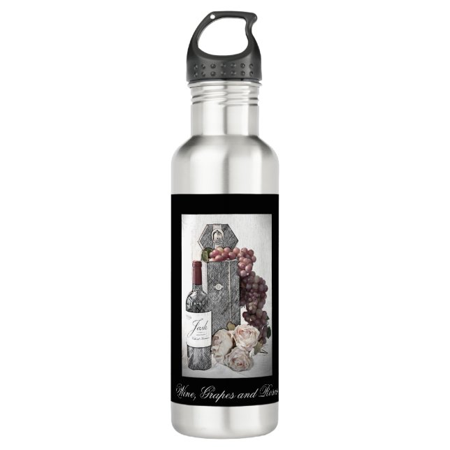 D'eau Bouteille à vin avec support, raisins et Roses (Devant)