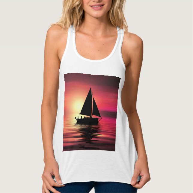 Débardeur Coucher de soleil, Bateau à voile dans la mer-3918 (Devant)