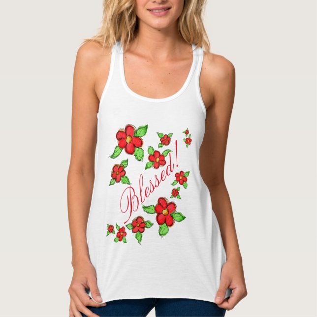 Débardeur Femme Rouge Floral Bienheureux Cuisinier (Devant)