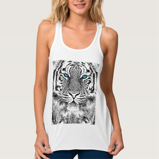 Débardeur Graphique de tigre noir et blanc aux yeux bleus (Devant)