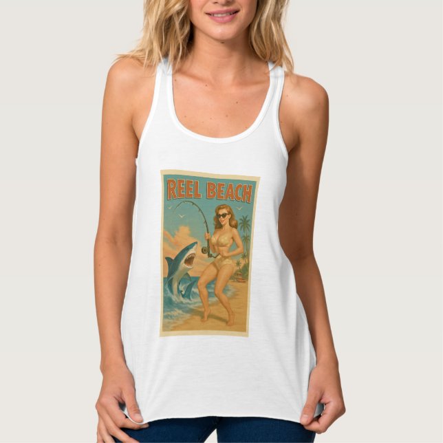 Débardeur Reel Beach Shark Fishing Pin-Up Retro Coastal Life (Devant)