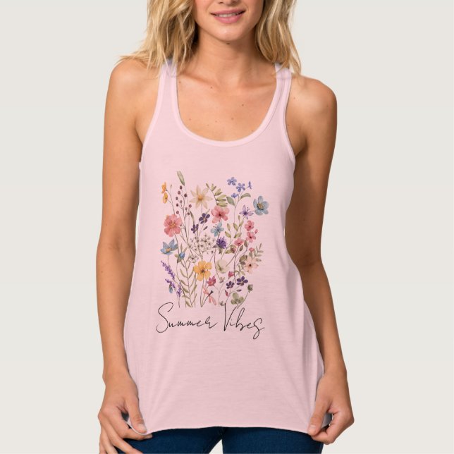 Débardeur "Vibes d'été" Fleur sauvage d'aquarelle rose femme (Devant)