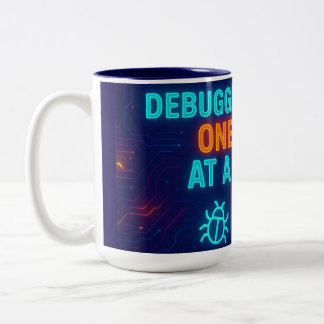 🖥️☕ Debugging Life One Sip at a Time – Neon Tech  Zweifarbige Tasse