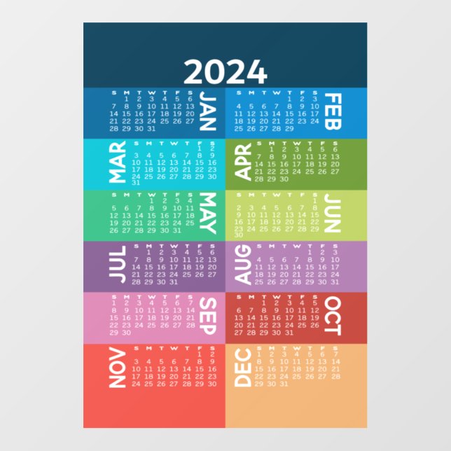 Décalque Mural Calendrier 2024 - année complète - mois colorés fu