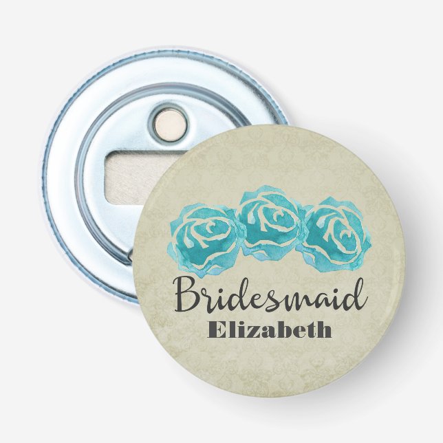 Décapsuleur 3 Roses Turquoises d'aquarelle sur Tan Damask Brid (Devant)