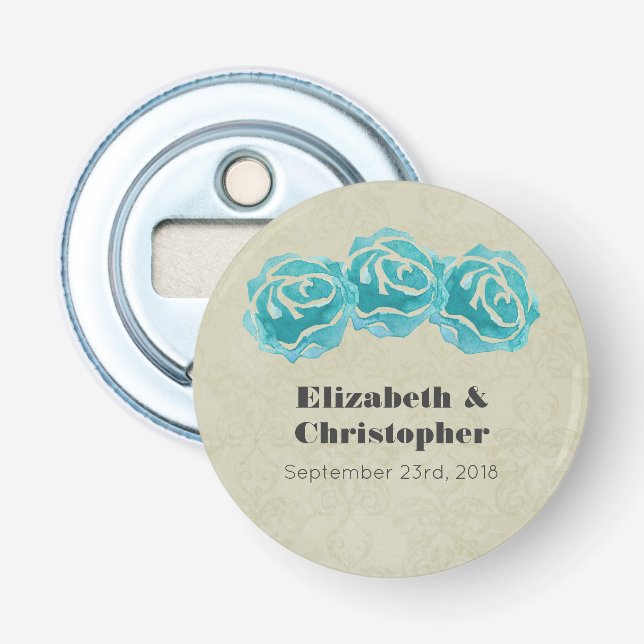 Décapsuleur 3 Roses Turquoises d'aquarelle sur Tan Mariage dam (Devant)