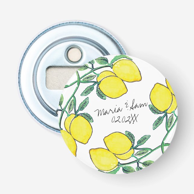 Décapsuleur Aquarelle Citron Script Mariage    (Devant)