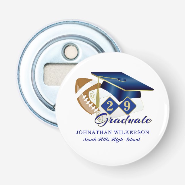 Décapsuleur Bleu Graduation Cap Football Personnalisé (Devant)