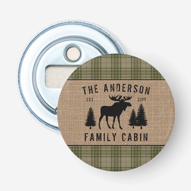 Décapsuleur Bouton Burlap Pin vert Moose Cabine famille (Devant)
