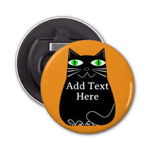 Décapsuleur Chat noir gras avec yeux verts Texte personnalisé