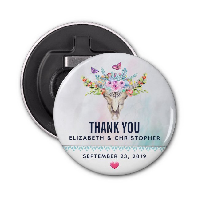 Décapsuleur Crâne Boho avec Mariage floral Bouquet (Devant)