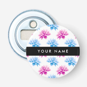 Décapsuleur Dahlia rose et bleu, motif floral, Votre nom