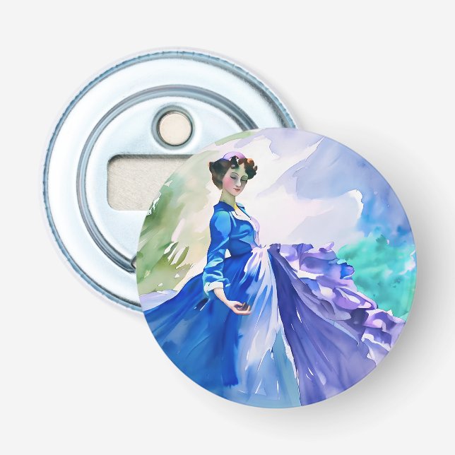 Décapsuleur Dame en Robe Bleue - Peinture aquarelle (Devant)