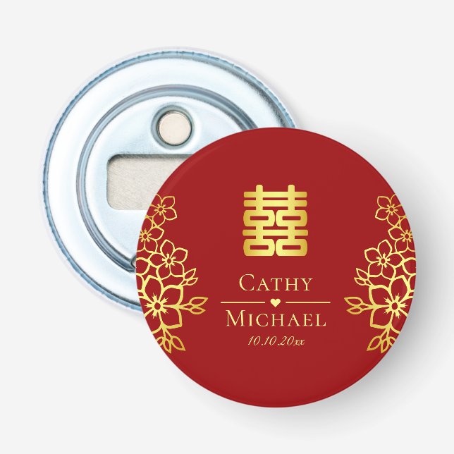 Décapsuleur Élégant double bonheur chinois mariage floral (Devant)