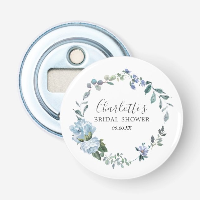 Décapsuleur Faveur de mariage avec des fleurs bleues poussiére (Devant)