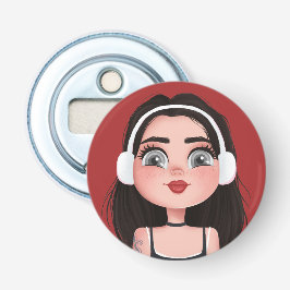 Décapsuleur Fille de dessin animé avec casque sur fond rouge