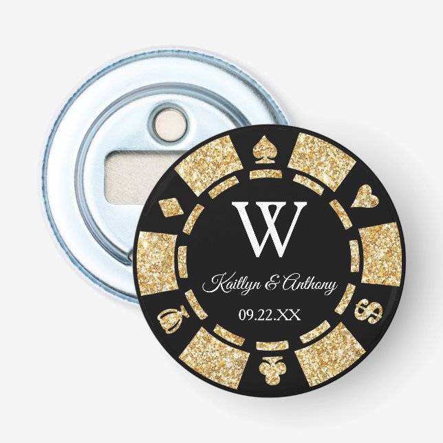 Décapsuleur Gold Glitter Poker Chip Casino Wedding Party Favor (Devant)