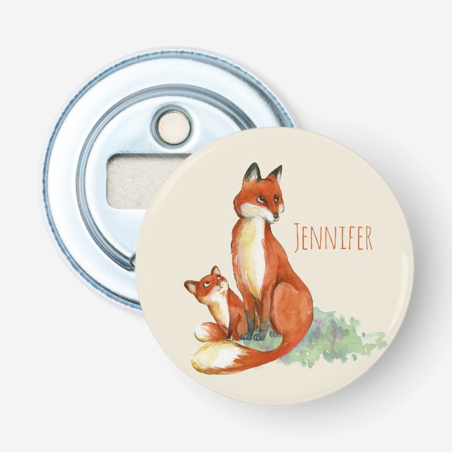 Décapsuleur Illustration de l'aquarelle Momma Fox et Baby (Devant)