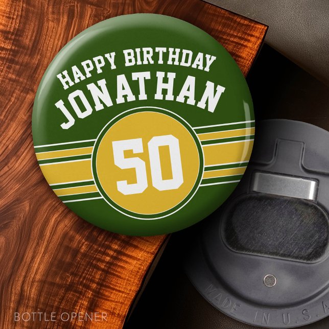Décapsuleur Joyeux Anniversaire Sports Stripes avec Age Gold G (Custom Bottle Opener)