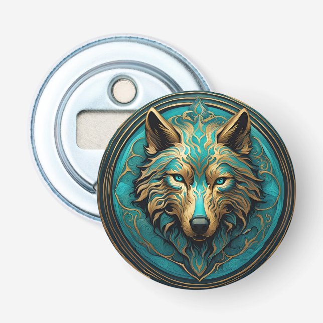 Décapsuleur Loup Turquoise et Or (Devant)