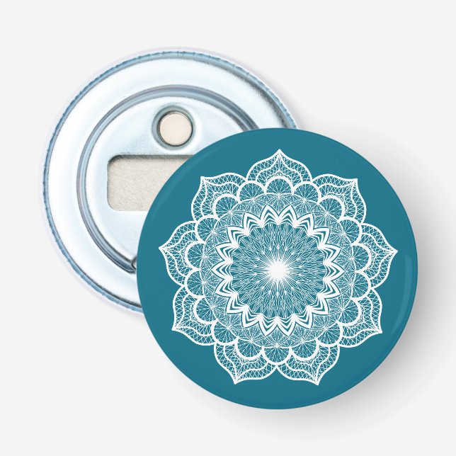 Décapsuleur Mandala blanc sur fond bleu (Devant)