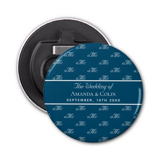 Décapsuleur Mariage de couple de monogrammes blancs bleu marin (Devant)