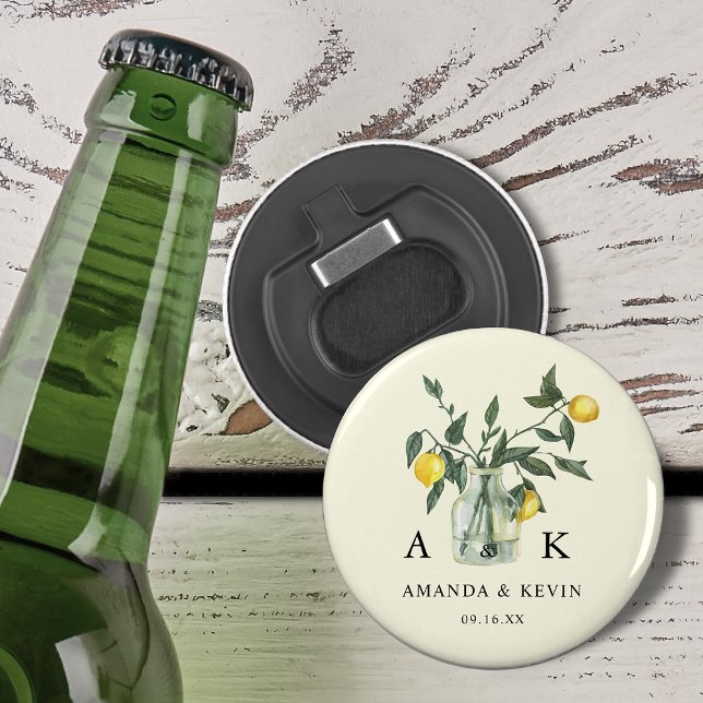 Décapsuleur Mariage Monogramme Citron Verture Été (Summer Citrus Lemon Greenery Monogram Wedding Bottle Opener)