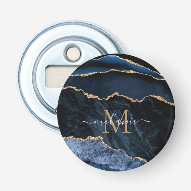 Décapsuleur Marine Blue Gold Marble Nom Lettre Bouteille Ouvri (Devant)