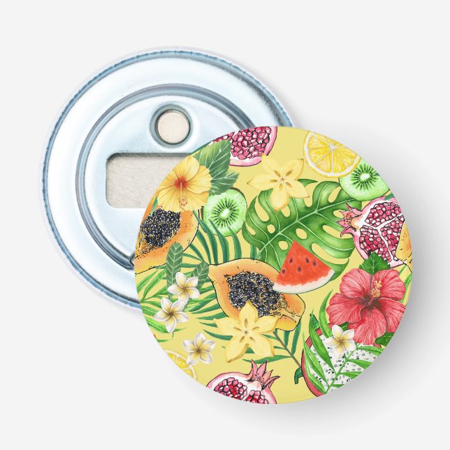 Décapsuleur Mix-fruit tropical, fleurs et feuilles sur jaune (Devant)