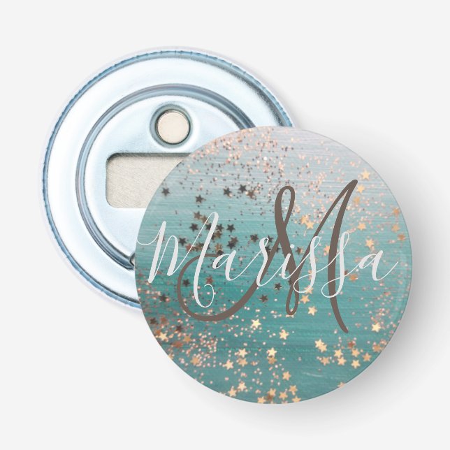 Décapsuleur Monogramme Gold Stars sur Turquoise (Devant)