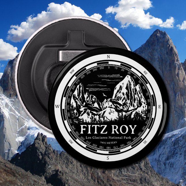 Décapsuleur Mont Fitz Roy - Cerro Chaltén Amérique du Sud (Mount Fitz Roy Bottlel Opener in Back with a white compass and mountain illustration)