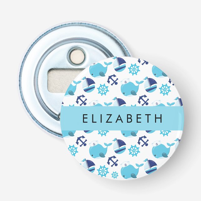 Décapsuleur Motif De Baleines, Baleines Bleues, Votre Nom (Devant)