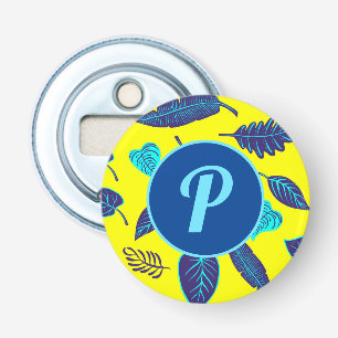 Décapsuleur Motif de feuille tropicale jaune vif en monogramme