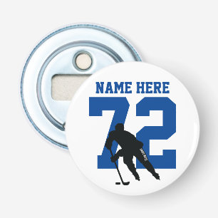 Décapsuleur Nom du joueur de hockey personnalisé Numéro bleu