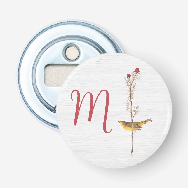 Décapsuleur Oiseau jaune d'Audubon sur fleur avec monogramme (Devant)