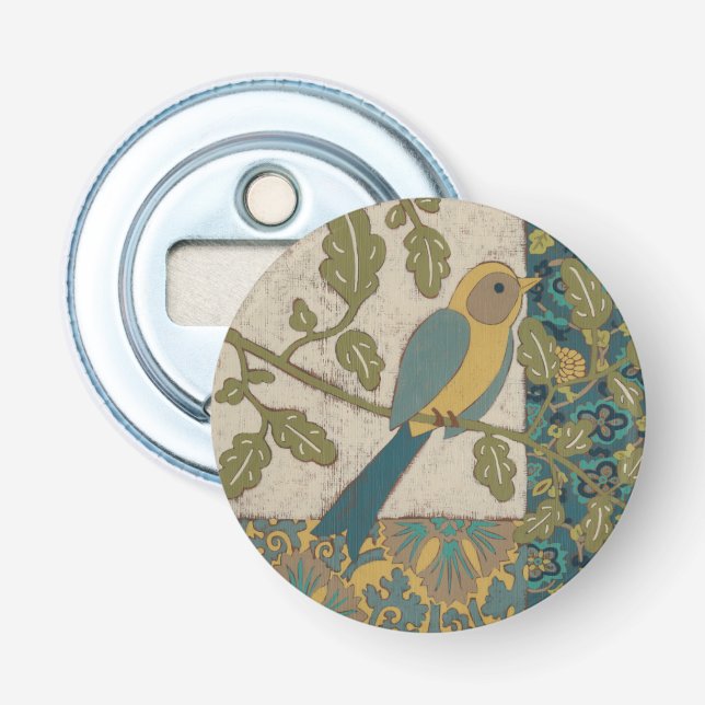 Décapsuleur Oiseau jaune et bleu Turquoise perché sur une bran (Devant)