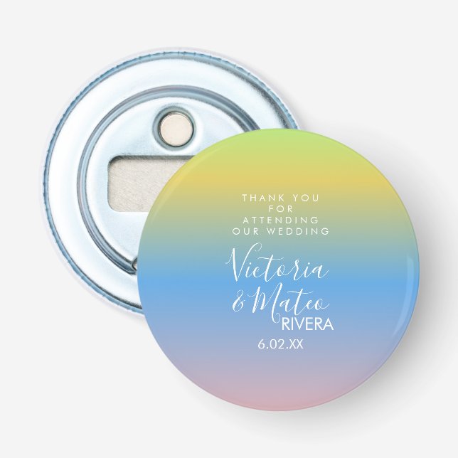 Décapsuleur Ombre arc-en-ciel bleu Mariage rose Merci (Devant)