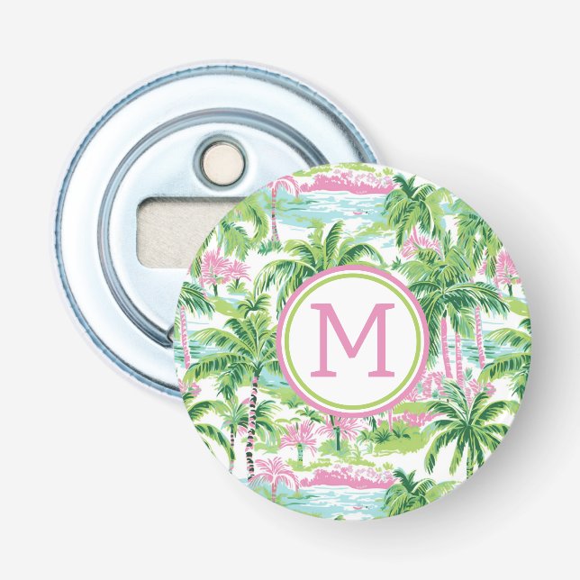 Décapsuleur Palmiers tropicaux rose et vert de Preppy Monogram (Devant)