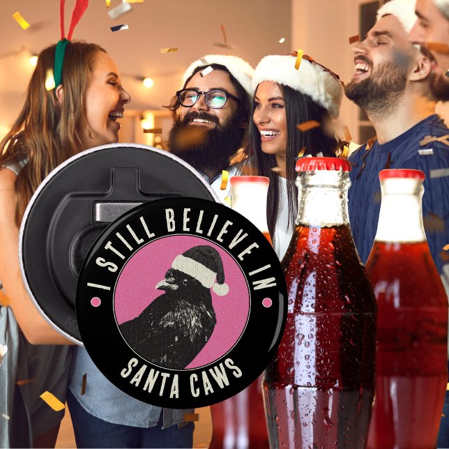 Décapsuleur Pink and Black Gothic Crow Stocking Stuffer (Cute and functional, this "I still believe in Santa Caws" button bottle opener is a fun party add-on)