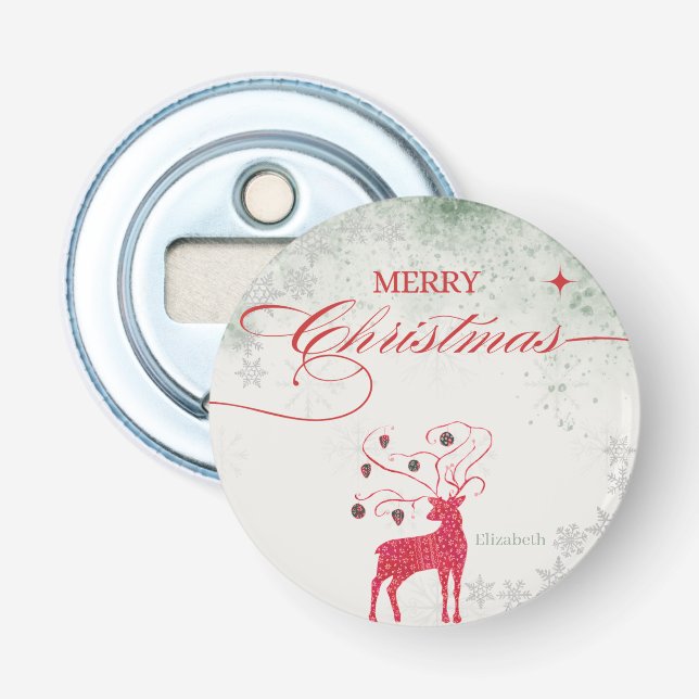 Décapsuleur Red Reindeer Silver Snowflakes Green Christmas (Devant)
