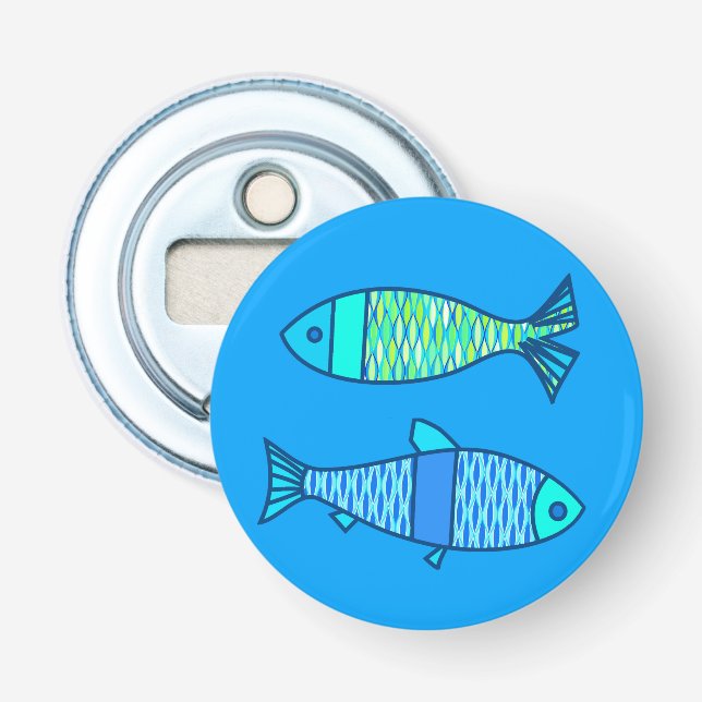 Décapsuleur Rétros poissons modernes, turquoise et bleu (Devant)