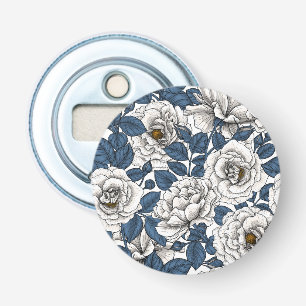Décapsuleur Roses blanches avec feuilles bleus sur blanc