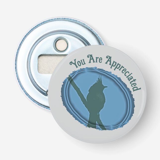 Décapsuleur Silhouette d'oiseau Appréciation Merci gris bleu (Devant)