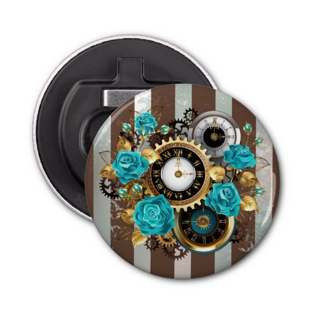 Décapsuleur Steampunk Clock and Turquoise Roses on Striped (Devant)