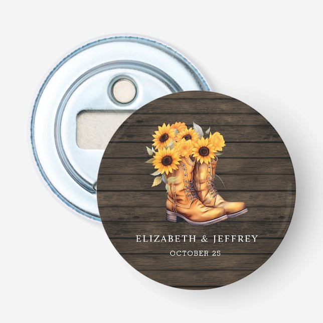 Décapsuleur Sunflowers Cowboy Boots Barre Bois Mariage de l'Ou (Devant)