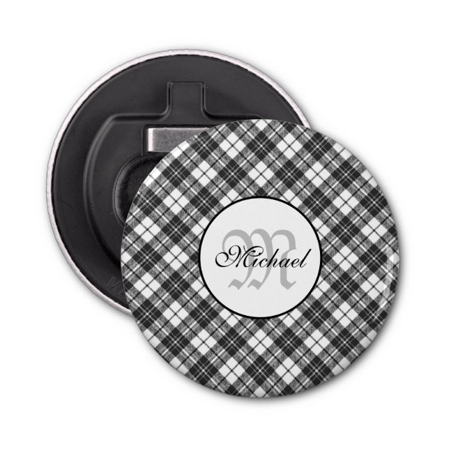 Décapsuleur Tartan motif Noël noir blanc Monogramme (Devant)
