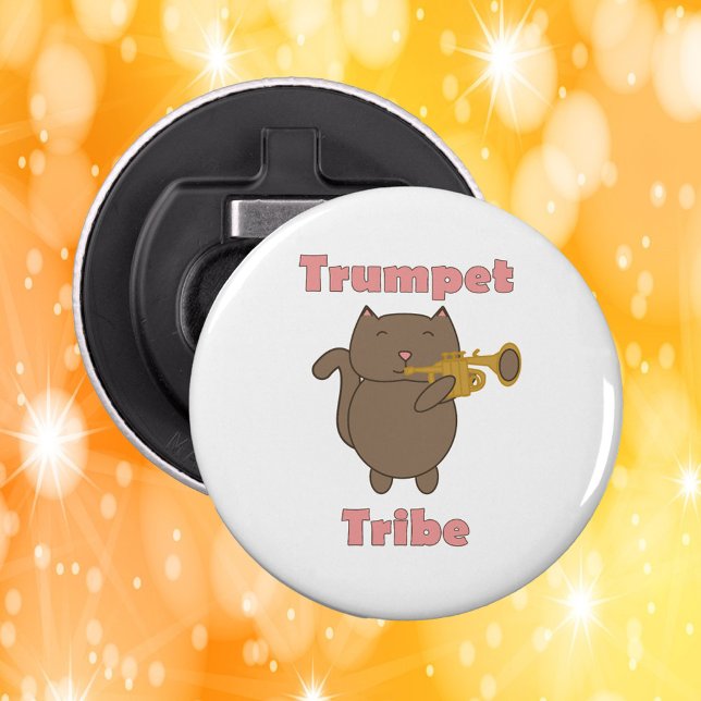 Décapsuleur Trumpet Tribe Cat Pink Letters (A bottle opener featuring a brown cat playing the trumpet with the words trumpet tribe in pink.)