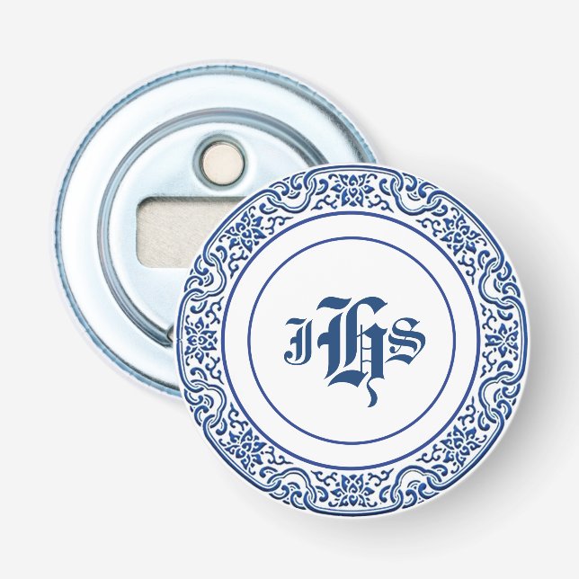 Décapsuleur Vintage Retro Monogramme Bleu Blanc (Devant)