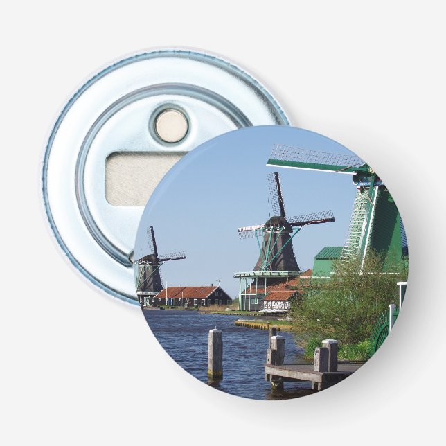 Décapsuleur Zaanse Schans Moulins néerlandais en vert et blanc (Devant)